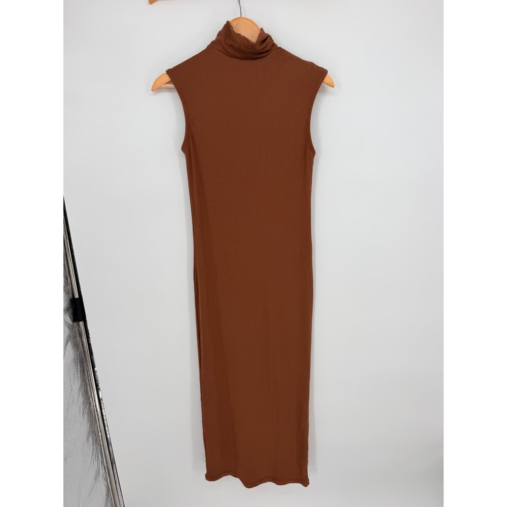 House of Harlow 1960 Maxi Dress S Brown Ribbed Turtleneck Sleeveless Minimalist - Picture 2 of 9